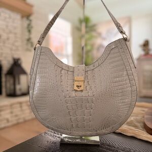 Brahmin Croc-Embossed Crescent Shoulder Bag in Light Blue with Gold Hardware